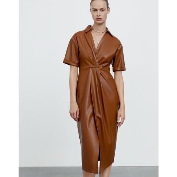 NWOT ZARA FAUX LEATHER SHIRT DRESS MIDI BROWN MEDIUM - Picture 2 of 13